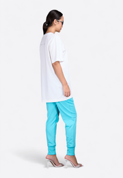White monogram T-shirt, side back view – East Vibe